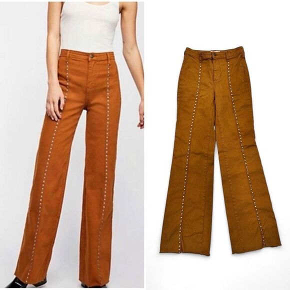 Free People We The Free Studded Boot Cut Jeans  24 X 32 Brown Boho Rockstar - Picture 1 of 9